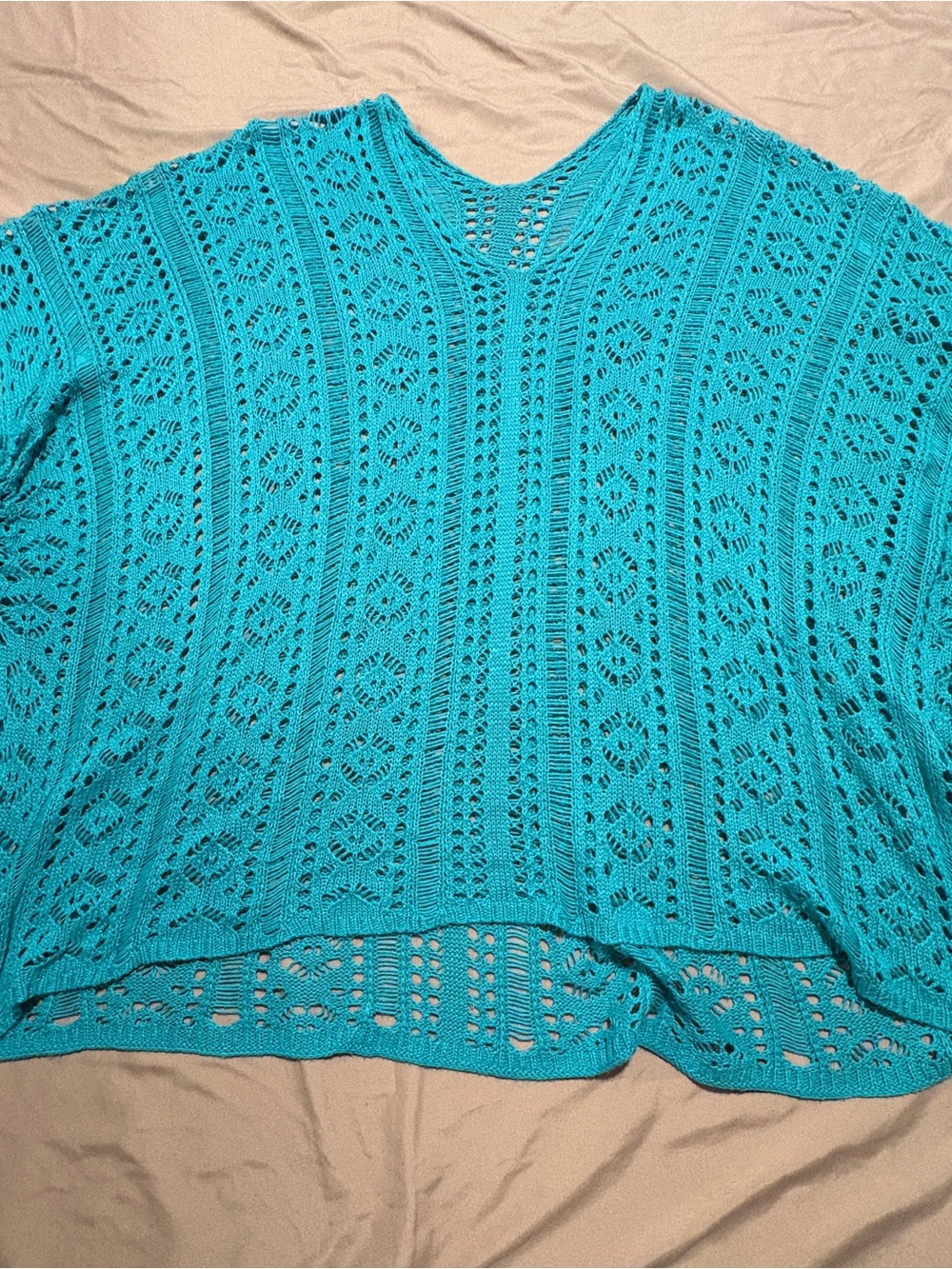Openwork V-Neck Sweater in Teal Blue